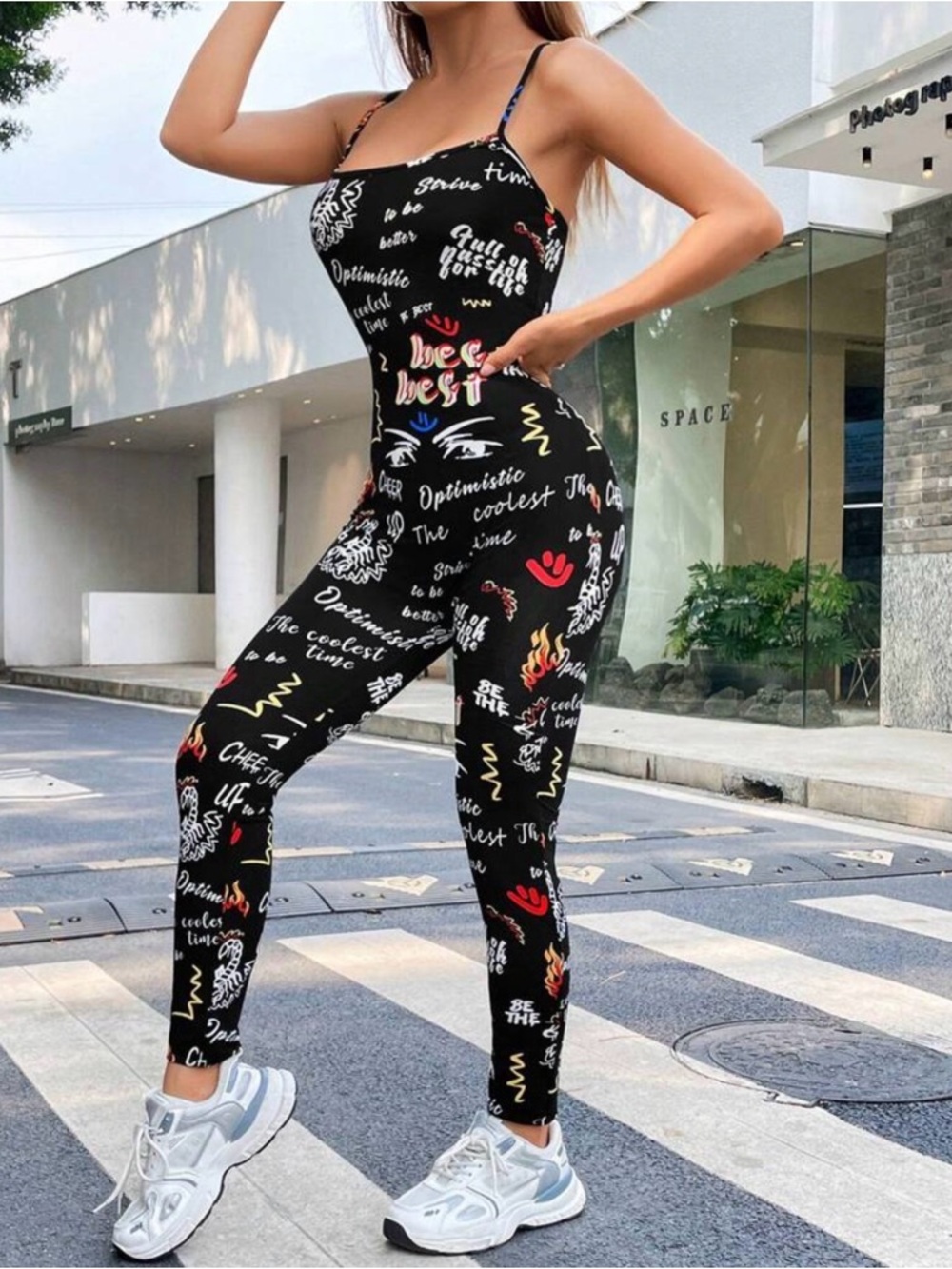 Black Graphic Print Spaghetti Strap Jumpsuit